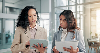 Buy stock photo Office, business people and document with tablet for discussion, finance report and collaboration. Teamwork, women and financial advisor with digital for investment feedback, research and paperwork