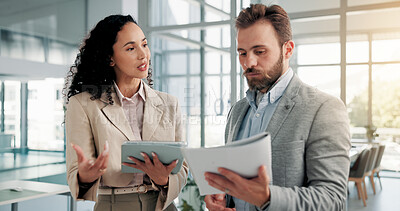 Buy stock photo Office, business people and tablet with portfolio for discussion, finance report and collaboration. Teamwork, manager and financial advisor with digital for investment feedback, research and document