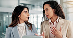 Finance, women and discussion with tablet in office for budget forecasting, revenue feedback or insight. Business team, financial analyst and digital report for investment planning or risk assessment