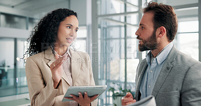 Buy stock photo Office, business people and teamwork with tablet for feedback, finance report and collaboration. Staff, project manager and financial advisor with tech for investment discussion, research or solution