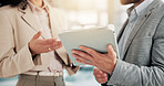 Office, business people and hands with tablet for feedback, finance report and collaboration. Teamwork, project manager and financial advisor with tech for investment discussion, research or solution