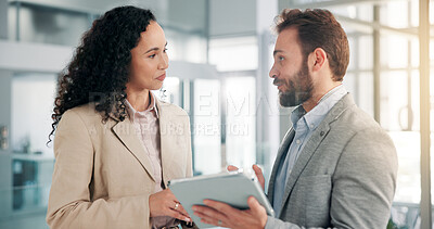 Buy stock photo Office, business people and collaboration with tablet for feedback, finance report and staff. Teamwork, project manager and financial advisor with tech for investment discussion, research or solution