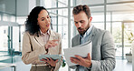 Office, business people and document with tablet for feedback, finance report and collaboration. Teamwork, financial advisor and manager with portfolio for investment discussion, research or solution
