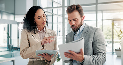 Buy stock photo Office, business people and document with tablet for feedback, finance report and collaboration. Teamwork, financial advisor and manager with portfolio for investment discussion, research or solution