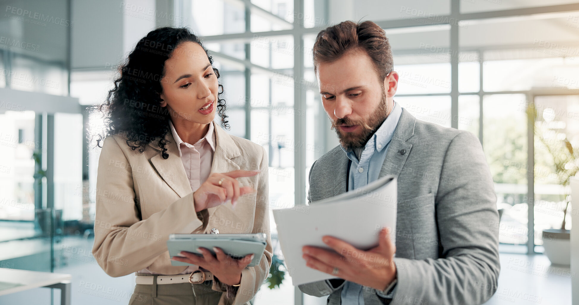 Buy stock photo Office, business people and document with tablet for feedback, finance report and collaboration. Teamwork, financial advisor and manager with portfolio for investment discussion, research or solution