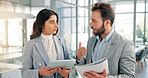 Office, business people and feedback with tablet for paperwork, finance report or collaboration. Teamwork, financial advisor and manager with portfolio for investment discussion, research or solution