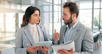 Buy stock photo Office, business people and feedback with tablet for paperwork, finance report or collaboration. Teamwork, financial advisor and manager with portfolio for investment discussion, research or solution