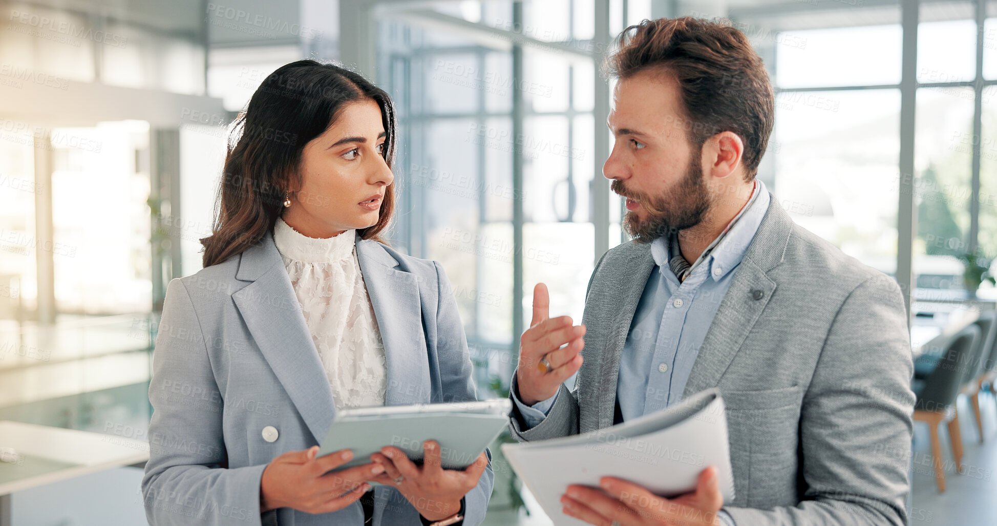 Buy stock photo Office, business people and feedback with tablet for paperwork, finance report or collaboration. Teamwork, financial advisor and manager with portfolio for investment discussion, research or solution