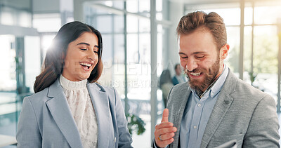 Buy stock photo Conversation, friends and business people in meeting with break, collaboration and networking for communication. Laugh, smile and employees chatting or discussion with company joke or meme in office
