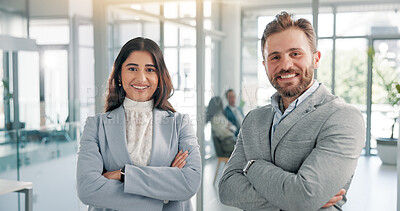 Buy stock photo Portrait, business team and happy people with arms crossed, about us and pride for risk management. Smile, collaboration and corporate employees, finance workers and confident professionals in office