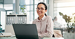 Office, businesswoman and portrait with laptop to reading, online research and accountant with smile. Workplace, female person and auditor with technology for review tax, auditing and finance report