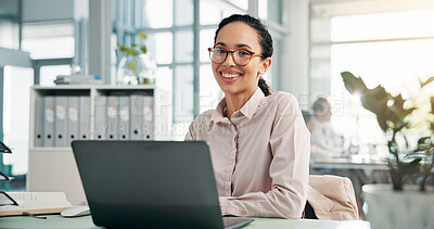 Buy stock photo Office, businesswoman and portrait with laptop to reading, online research and accountant with smile. Workplace, female person and auditor with technology for review tax, auditing and finance report