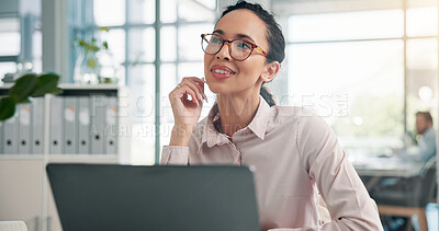 Buy stock photo Woman, smile and thinking with laptop at office, decision and accounting for revenue at finance agency. Person, happy and perspective with computer, review and audit with company costs in workplace