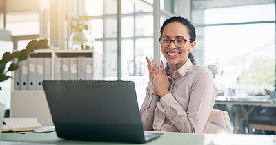 Buy stock photo Happy woman, winning or good news with laptop for business promotion or career opportunity at office. Excited, female person or journalist with smile on computer for prize, bonus or positive feedback