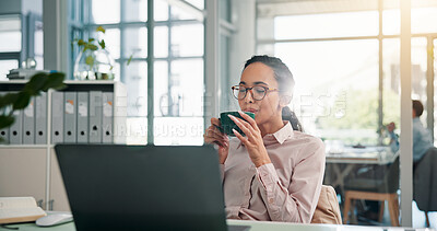 Buy stock photo Office, business woman and laptop with coffee to drink, online research and accountant with beverage. Workplace, female person and auditor with career for caffeine, auditing and finance report break