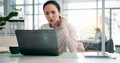 Buy stock photo Thinking, confused and woman with laptop in office reading company policy for review or project. Planning, research and female advocate with tech for legal ideas with corporate law case in workplace