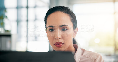 Buy stock photo Office, businesswoman and problem solving with laptop for reading, finance research and accountant. Solution, female person and auditor with digital for review tax, auditing and financial information