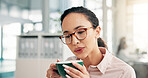 Office, business woman and glasses with coffee, warm beverage and professional consultant for work. Career, female person and receptionist with eyewear for reading, tea cup and drink in company