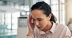 Woman, headache and frustrated with pain at office with temple massage, burnout and lost profit at finance agency. Person, accountant and stress with migraine, tired and brain fog at workplace