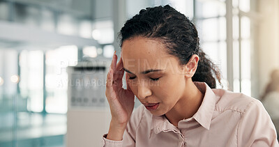 Buy stock photo Woman, headache and frustrated with pain at office with temple massage, burnout and lost profit at finance agency. Person, accountant and stress with migraine, tired and brain fog at workplace