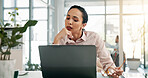 Research, thinking and business woman in office with laptop, ideas or budget review at accounting agency. Consultant, accountant or person for financial administration, online report or business plan