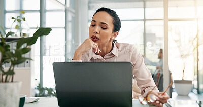 Buy stock photo Research, thinking and business woman in office with laptop, ideas or budget review at accounting agency. Consultant, accountant or person for financial administration, online report or feedback plan