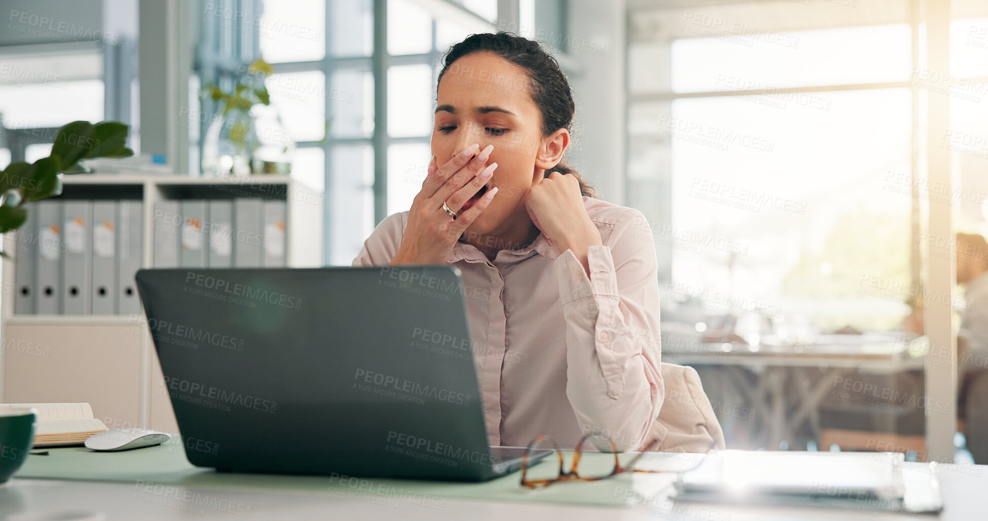 Buy stock photo Woman, tired and yawn with laptop at office, fatigue and brain fog with project management at company. Person, accountant and exhausted with burnout, deadline and pc in workplace at financial agency