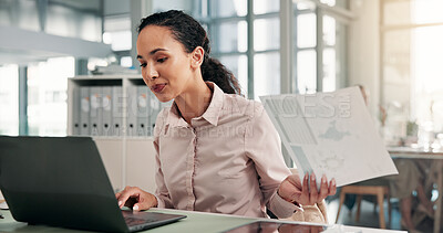 Buy stock photo Business woman, laptop and analysis with documents for global statistics or update at office desk. Female person, employee or analyst with computer or paperwork for economic change or improvement