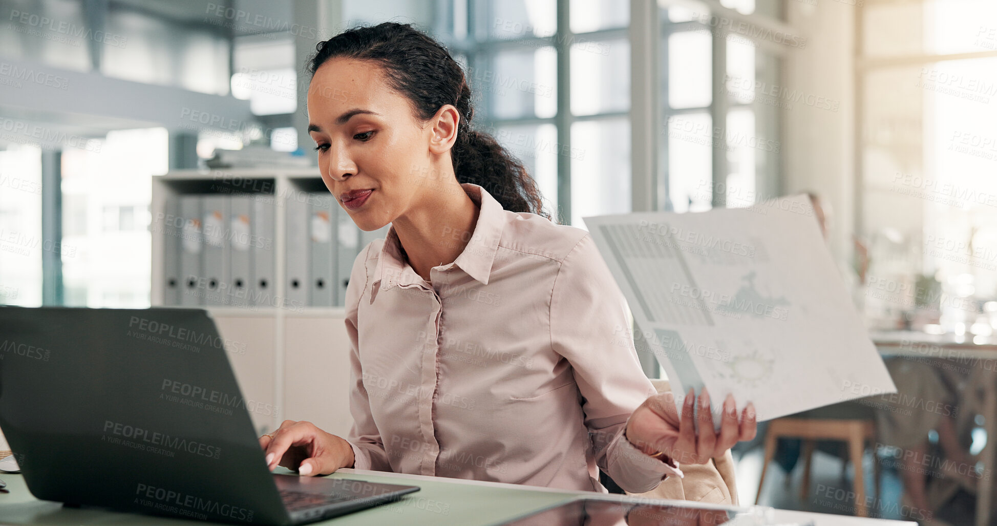 Buy stock photo Business woman, laptop and analysis with documents for global statistics or update at office desk. Female person, employee or analyst with computer or paperwork for economic change or improvement
