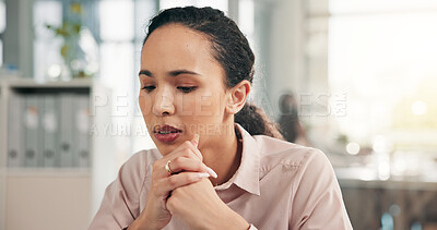 Buy stock photo Confused, anxiety and business woman in office with bad news, mistake and crisis for project. Professional, corporate and person with stress, worry and reaction for failure, proposal and review