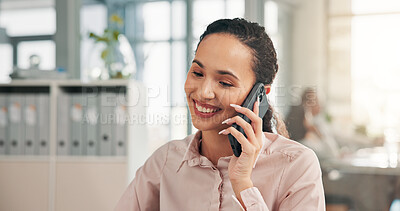 Buy stock photo Woman, phone call or happy in office for business, budget increase or positive feedback. Accountant, network or tech in firm for communication, account management or smile for investment negotiation