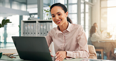 Buy stock photo Office, businesswoman and typing with laptop to reading, online research and accountant with smile. Workplace, female person and happy auditor with digital for review tax, auditing and finance report