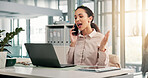 Woman, phone call or shocked at laptop for business, budget increase or positive feedback. Accountant, surprise or tech in office for communication, account management or agreement for investment