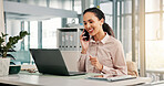 Woman, phone call or happy at laptop for business, budget review or positive feedback. Accountant, computer or tech in office for communication, account management or smile for investment opportunity