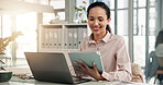 Business, laptop or woman with tablet at desk for risk management, compliance verification or planning. Auditor happy or digital report for account review, branch audit or reading financial statement