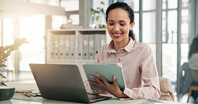 Buy stock photo Business, laptop or woman with tablet at desk for risk management, compliance verification or planning. Auditor happy or digital report for account review, branch audit or reading financial statement