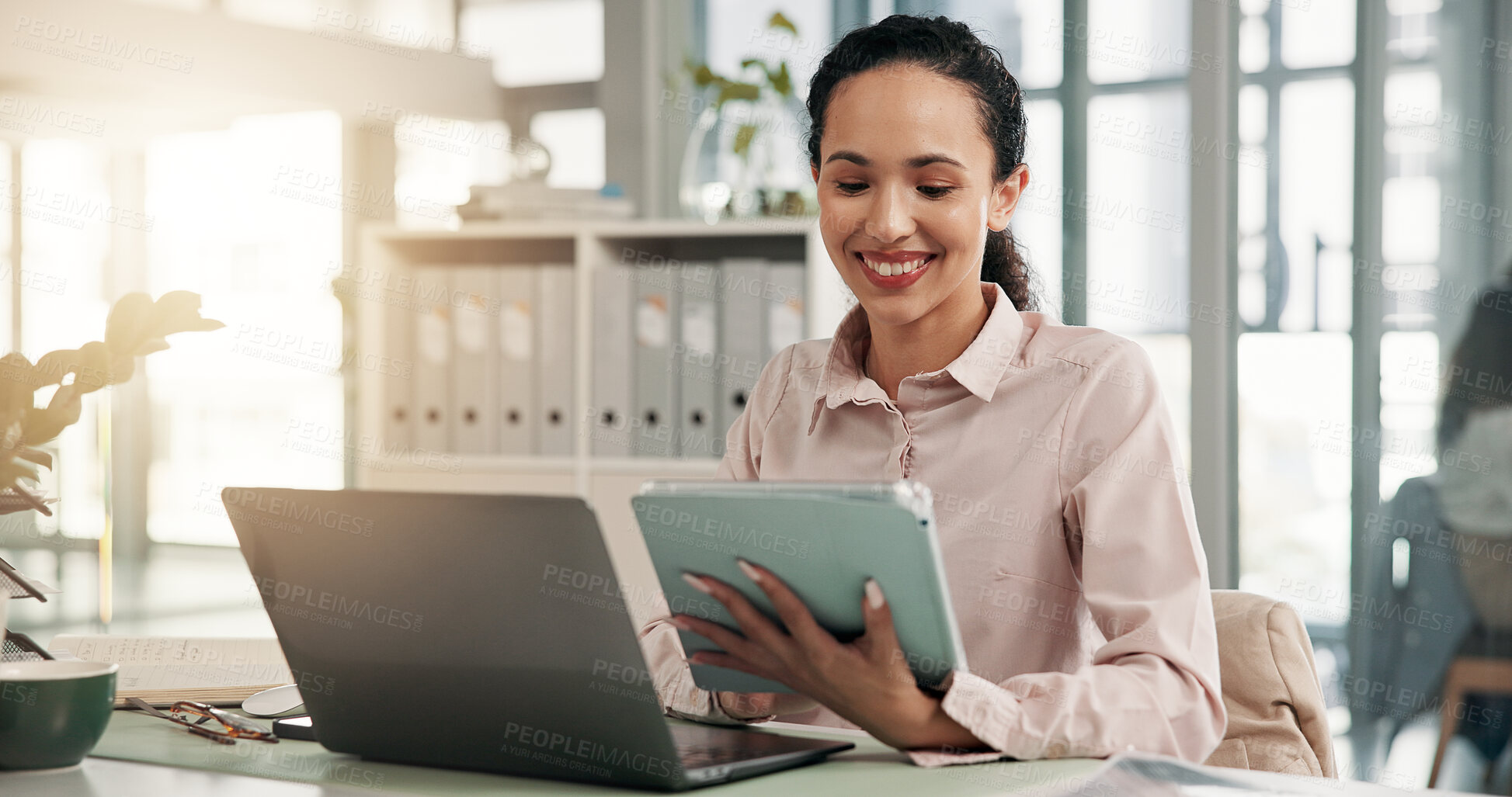 Buy stock photo Business, laptop or woman with tablet at desk for risk management, compliance verification or planning. Auditor happy or digital report for account review, branch audit or reading financial statement