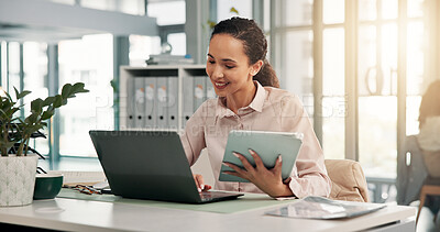 Buy stock photo Finance, tablet or woman with laptop in office for financial record analysis, compliance verification or planning. Corporate, auditor or digital report for risk management, internal audit or business