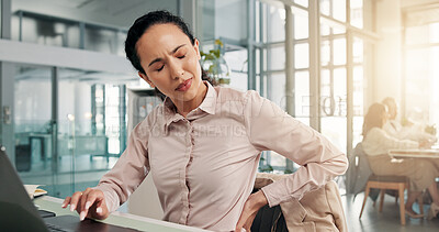Buy stock photo Back pain, fatigue and laptop with business woman in office for burnout, deadline or posture. Computer, injury and spine with employee at desk in workplace for condition, discomfort or inflammation