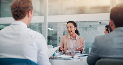 Buy stock photo Discussion, teamwork and business people in office with finance negotiation, deal or proposal. Happy, meeting and financial managers with clients for investment account in collaboration in workplace.