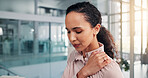 Business, employee and woman with shoulder pain, thinking and secretary with poor posture or injury. Burnout, receptionist and person with muscle tension, inflammation or worker with strain in office