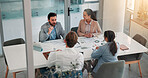 Meeting, collaboration and business people in office with finance negotiation, deal or proposal. Partnership, discussion and financial managers with clients for investment with teamwork in workplace.