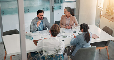 Buy stock photo Meeting, collaboration and business people in office with finance negotiation, deal or proposal. Partnership, discussion and financial managers with clients for investment with teamwork in workplace.