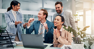 Buy stock photo Fist pump, celebrate and business people on laptop in office with good news, success and victory. Corporate, team and men and women on computer applause for feedback, financial growth and investment