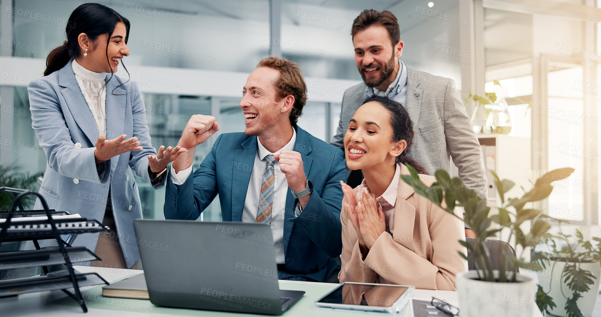 Buy stock photo Fist pump, celebrate and business people on laptop in office with good news, success and victory. Corporate, team and men and women on computer applause for feedback, financial growth and investment