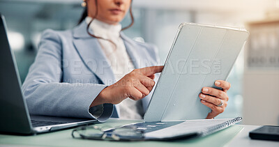 Buy stock photo Hands, office and business woman with tablet for research, finance or wealth management. Tech, online or worker on app for communication, investment news or review email for profit update on internet