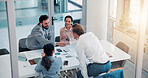 Business, people and meeting with handshake in office for partnership, agreement and finance deal. Happy, men and shaking hands for promotion, b2b opportunity and thank you for investment negotiation