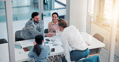 Buy stock photo Business, people and meeting with handshake in office for partnership, agreement and finance deal. Happy, men and shaking hands for promotion, b2b opportunity and thank you for investment negotiation