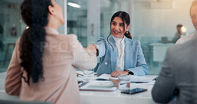 Buy stock photo Handshake, team and clients in meeting, office and thank you for collaboration, corporate and group. Success, investor and shaking hands for agreement in business, gesture or congratulations for deal