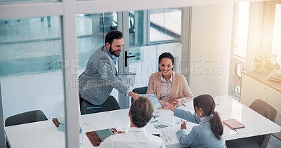 Buy stock photo Office, business people and meeting with portfolio for investment, financial proposal and teamwork. Collaboration, employees and stakeholder with document for report review, accounting firm and above